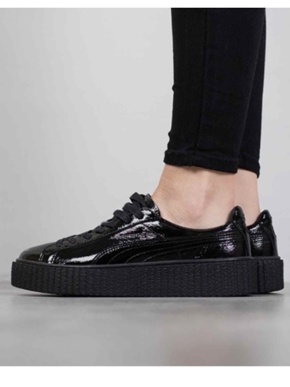 Puma x Fenty by Rhianna Black Patent Leather Platform Sneakers — Lace-Up, size 8